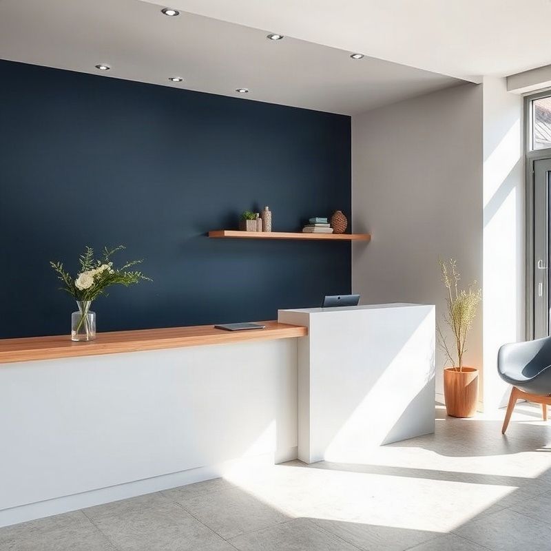 Minimalna recepcija v majhni slovenski pisarni z indigo stenskim poudarkom